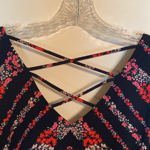 Maurice's Cold Shoulder Handkerchief Hem Navy Blue Pink Floral Midi Dress SZ 1 - Picture 12 of 15